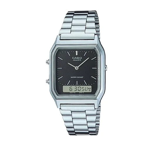 Relógio Casio Prateado visor Preto Display Duplo Minimalista Quadrado AQ-230A-7AMQYDF