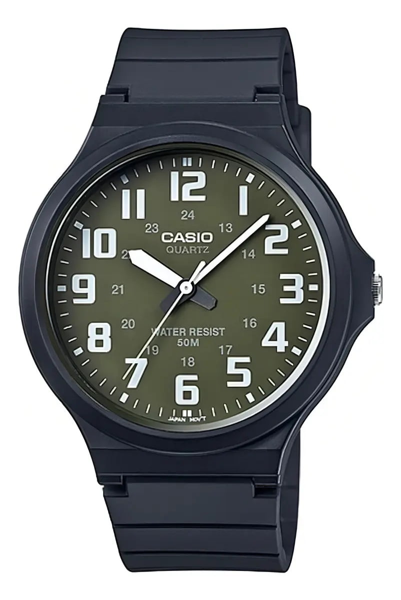 Relógio Casio Quartz Preto Esportivo Todo Numerado Visor Verde em Poliuretano Á Prova d'água MW-240-3BVDF