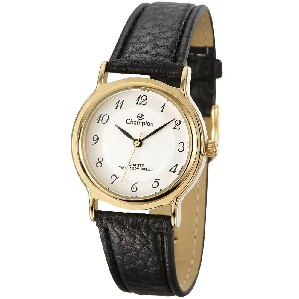 Relógio Champion Feminino Couro Dourado preto A prova d'água CN28026B