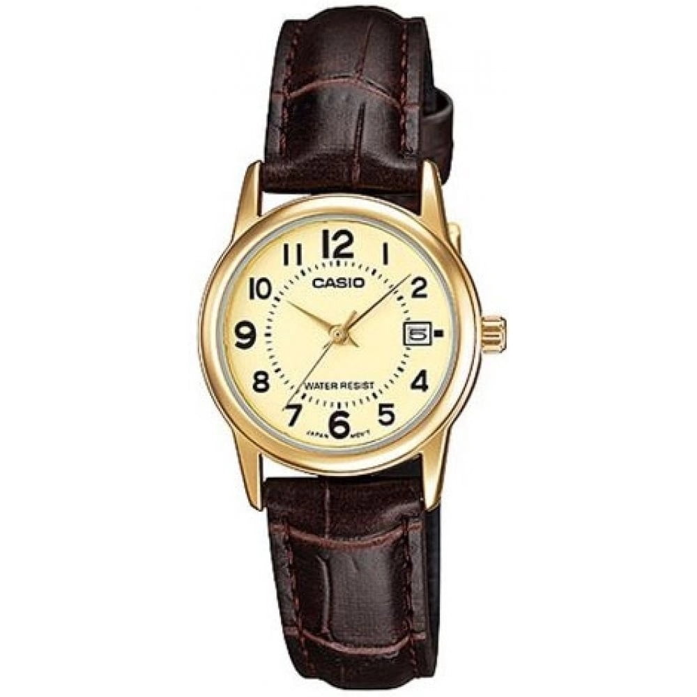 Relógio Casio Feminino Feminino Dourado Todo Numerado Visor Preto com Calendário e Pulseira em Couro Pequeno Á Prova d'água LTP-V002GL-9BUDF 3363