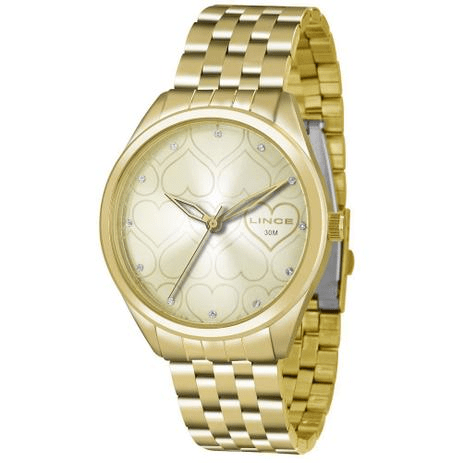 Relógio Feminino Lince Dourado Coração Pedras LRG4345L