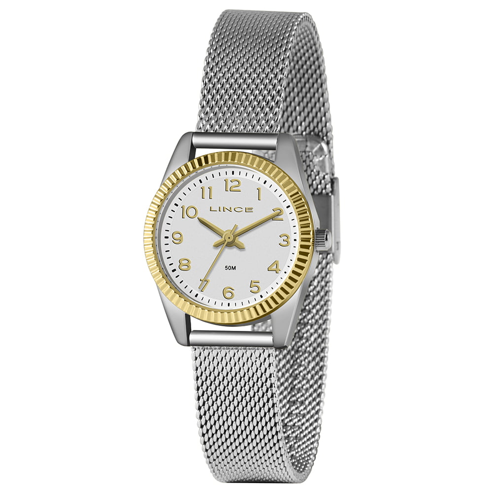 Relógio Feminino Lince Prata dourado branco Pulseira Milanese A prova d´água LRT4674L