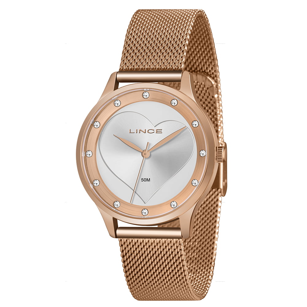 Relógio Feminino Lince Rose Branco com Pedras Pulseira Milanesa A prova d´água LRR4725L