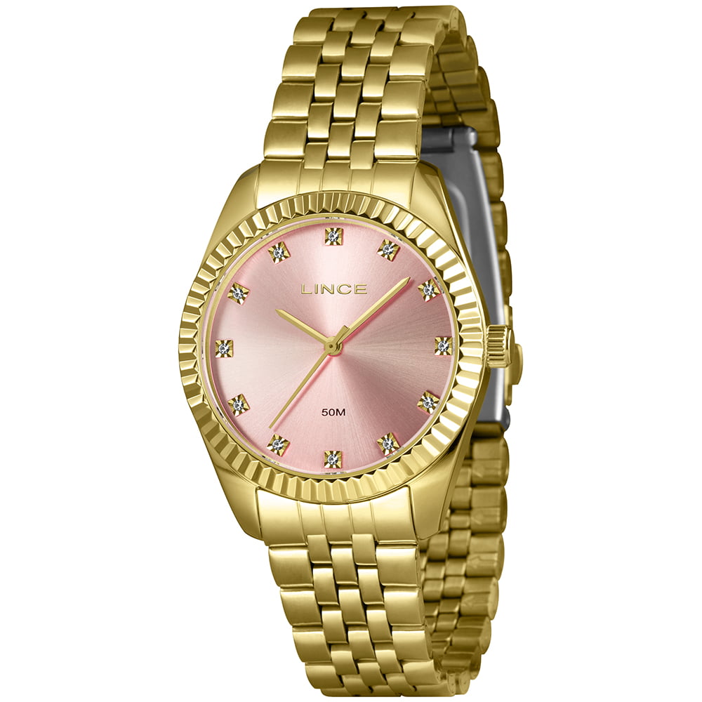 Relógio Feminino Lince Rose Pedras Dourado a prova d´água LRGJ152L36