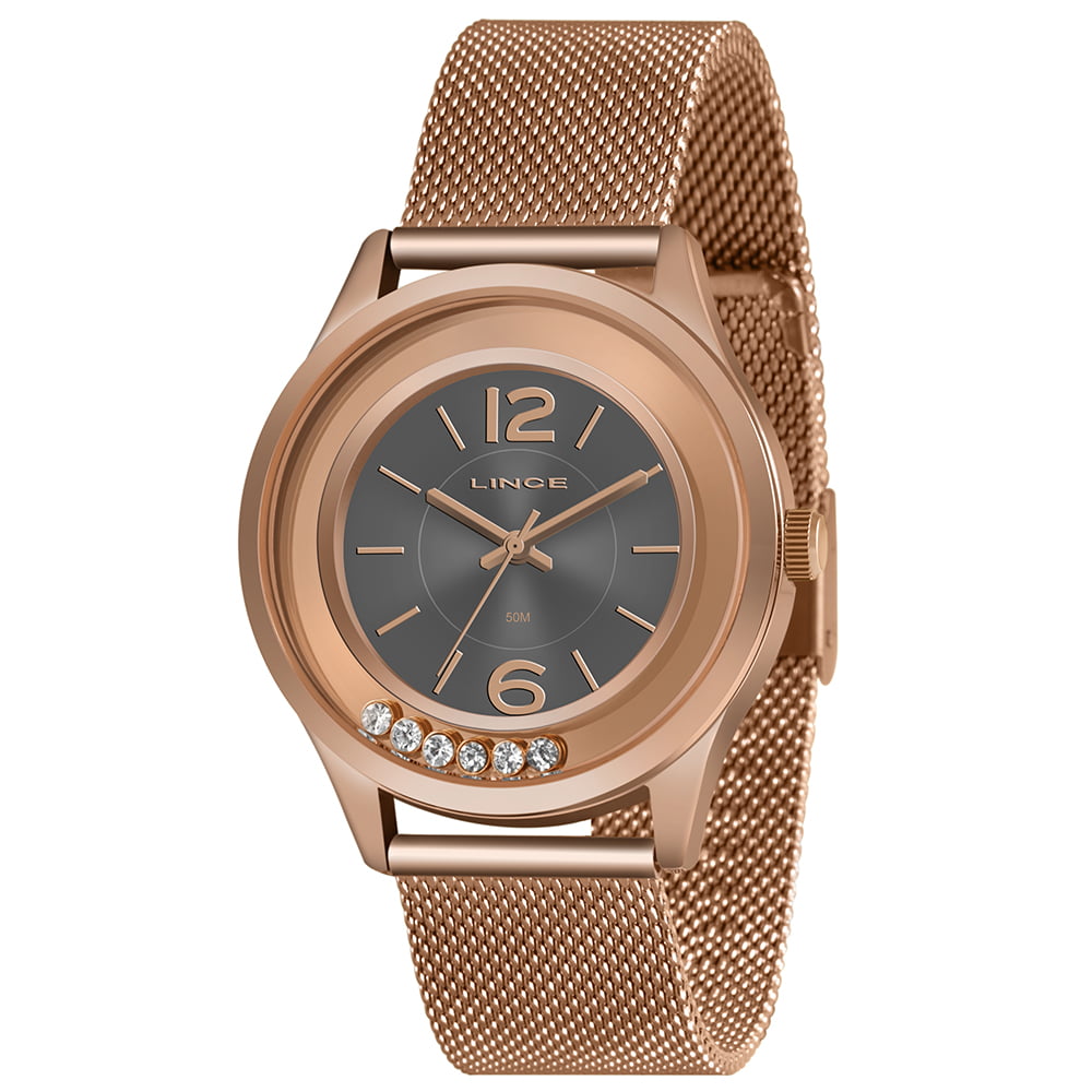 Relógio Feminino Lince Rose Visor Cinza com Pedras Pulseira Milanesa LRR4711L