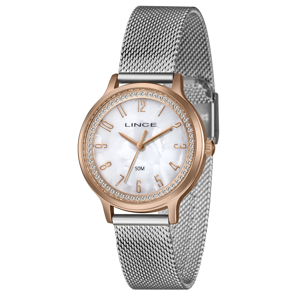 Relógio Lince Dress Feminino Bicolor Prata e Rosé Visor Madrepérola com Cristais Todo Numerado Pulseira Milanesa Á Prova d'água LRTH260L36