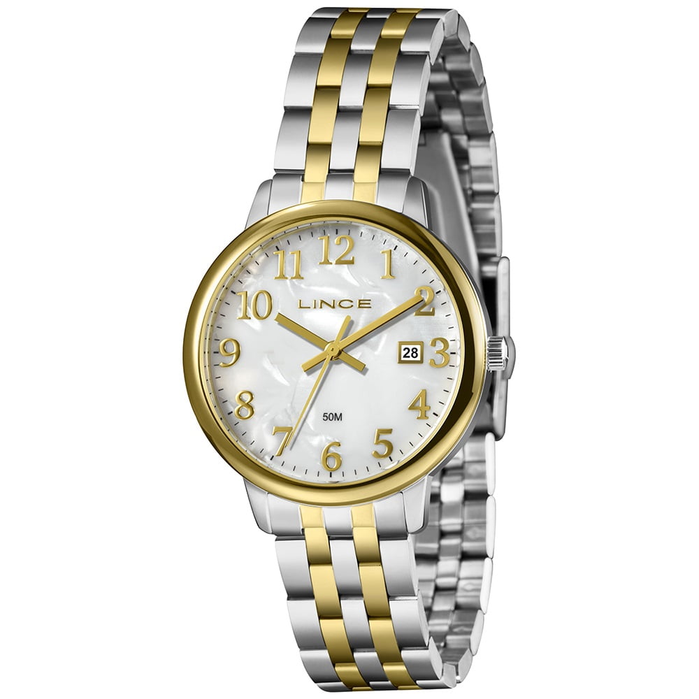 Relógio Lince Dress Feminino Bicolor Visor Madrepérola Todo Numerado Com Calendário Á Prova d'água LRTH194L36