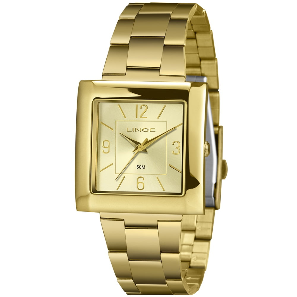 Relógio Lince Dress Feminino Dourado Quadrado com Visor Champanhe Á Prova d'água LQG4767L34