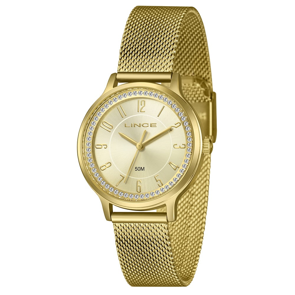 Relógio Lince Dress Feminino Dourado Visor Champanhe com Cristais Todo Numerado Pulseira Milanesa Á Prova d'água LRGH260L36