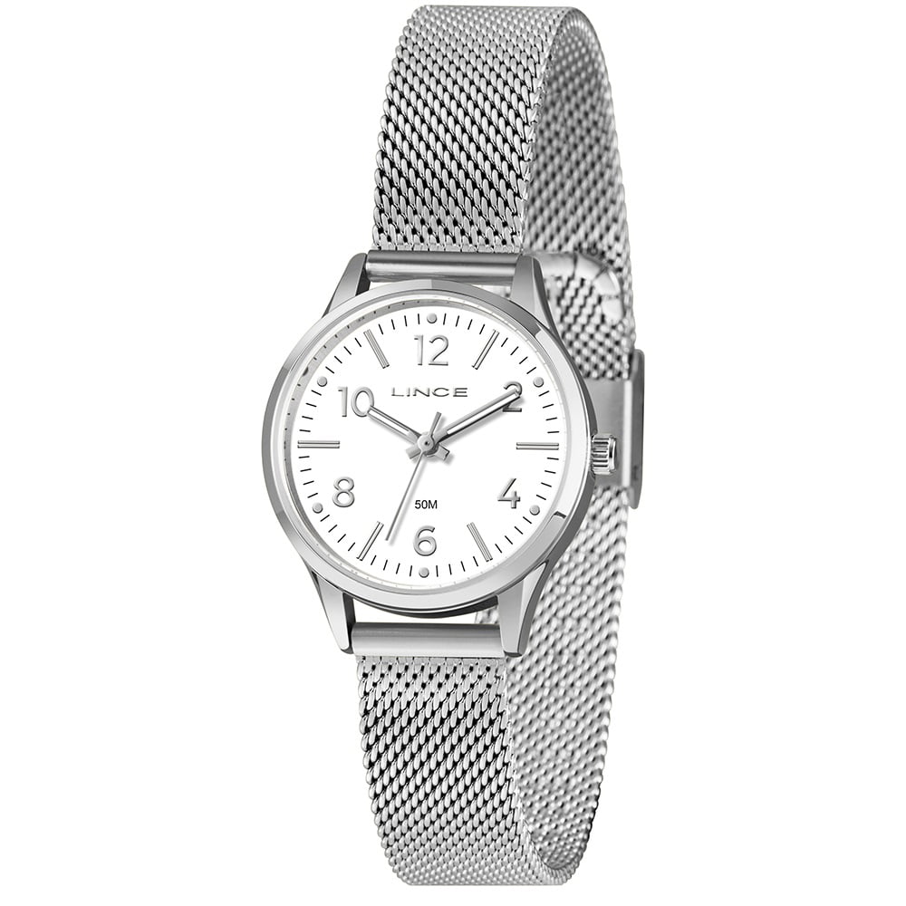 Relógio Lince Dress Feminino Prateado Visor Branco Pulseira Milanesa Á Prova d'água LRMH289L30