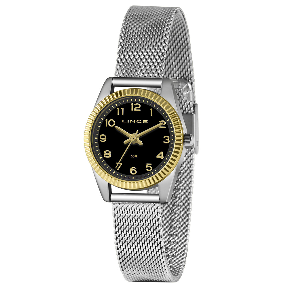 Relógio Lince Feminino Bicolor Dourado e Prateado Pequeno Pulseira Milanesa Caixa com Detalhe Serrilhado Todo Numerado Visor Preto Á Prova d'água LRT4674L