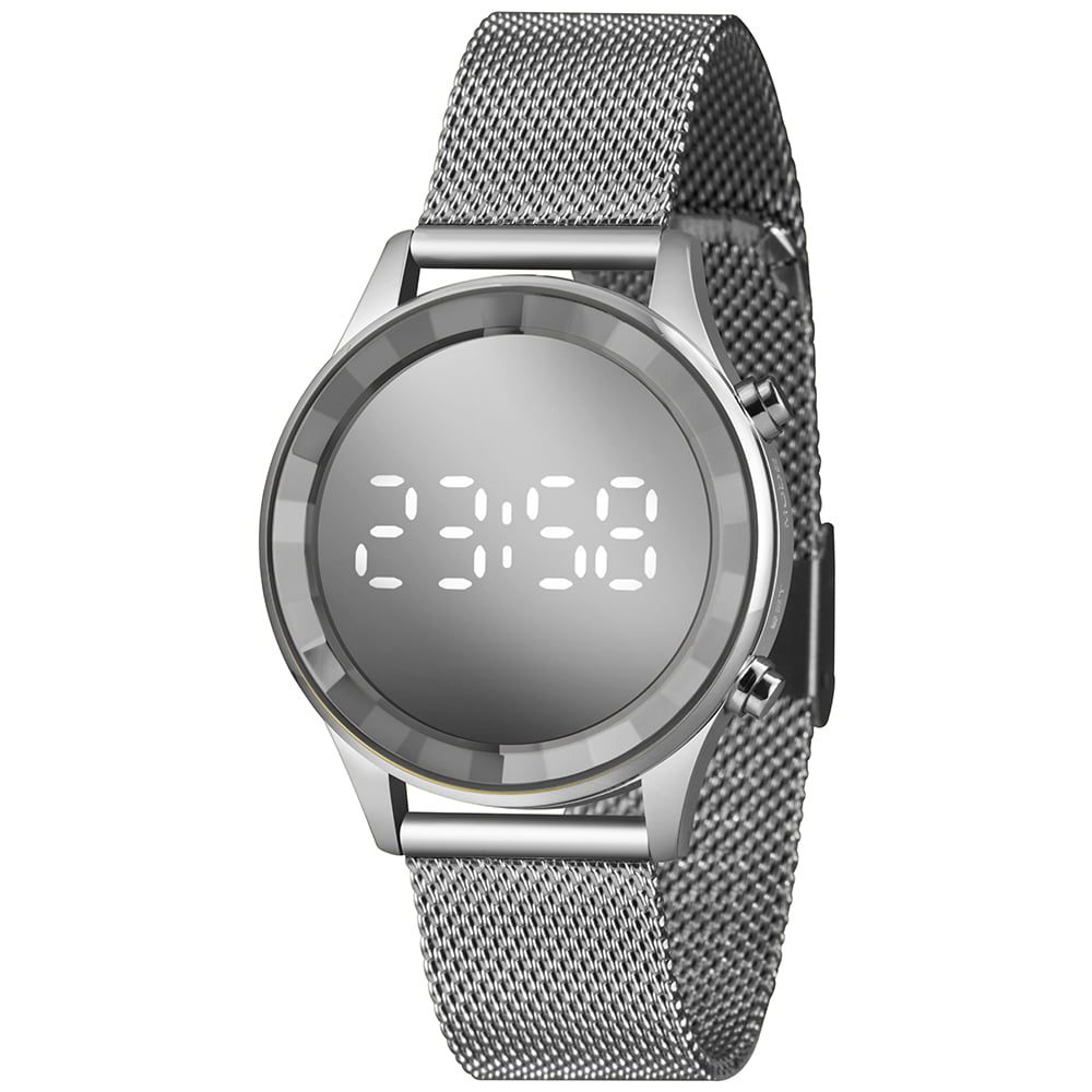 Relógio Lince Feminino Prateado Digital Led Vidro Facetado Redondo Espelhado Pulseira Milanesa Á prova d'água LDM4648L