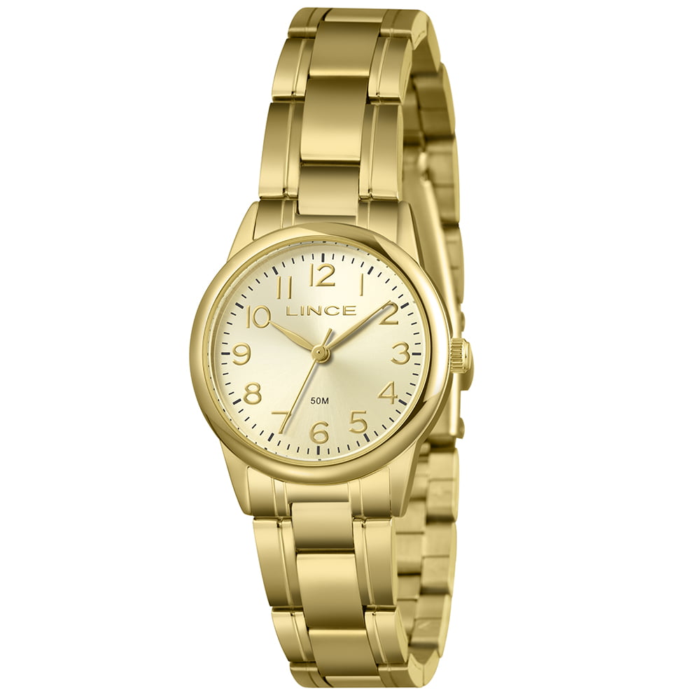 Relógio Lince Feminino Dourado com Visor Champanhe Todo Numerado Á Prova d'água LRGM033L30
