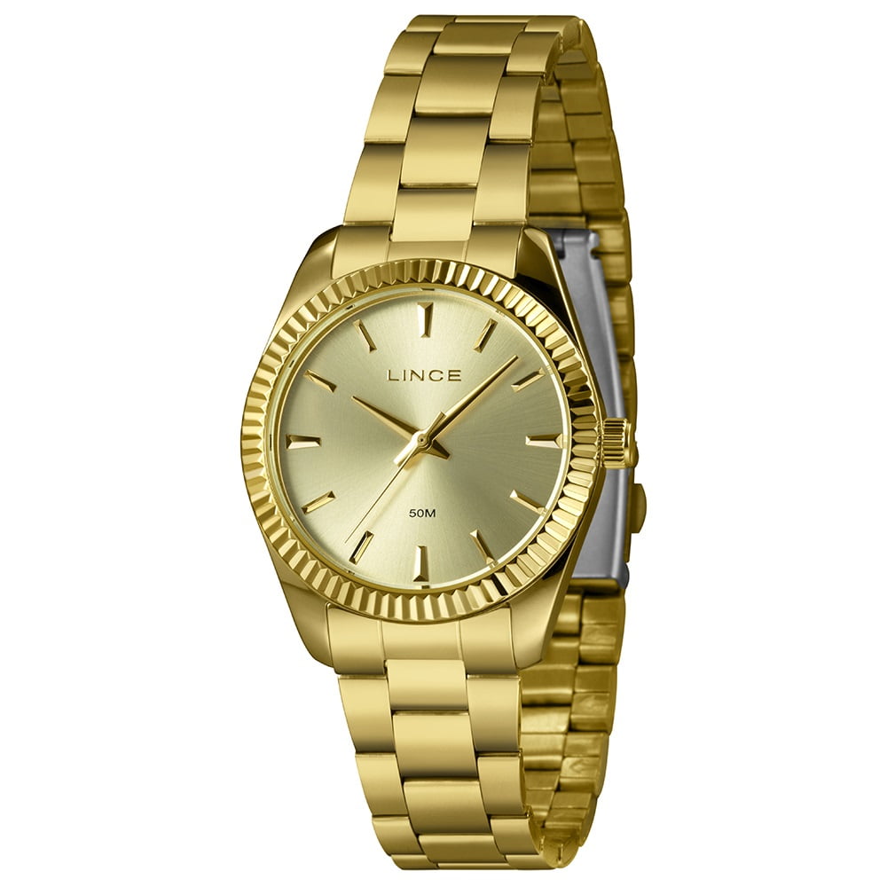Relógio Lince Feminino Dourado Minimalista com Caixa Serrilhada Visor Champanhe Á Prova d'água LRGJ161L36