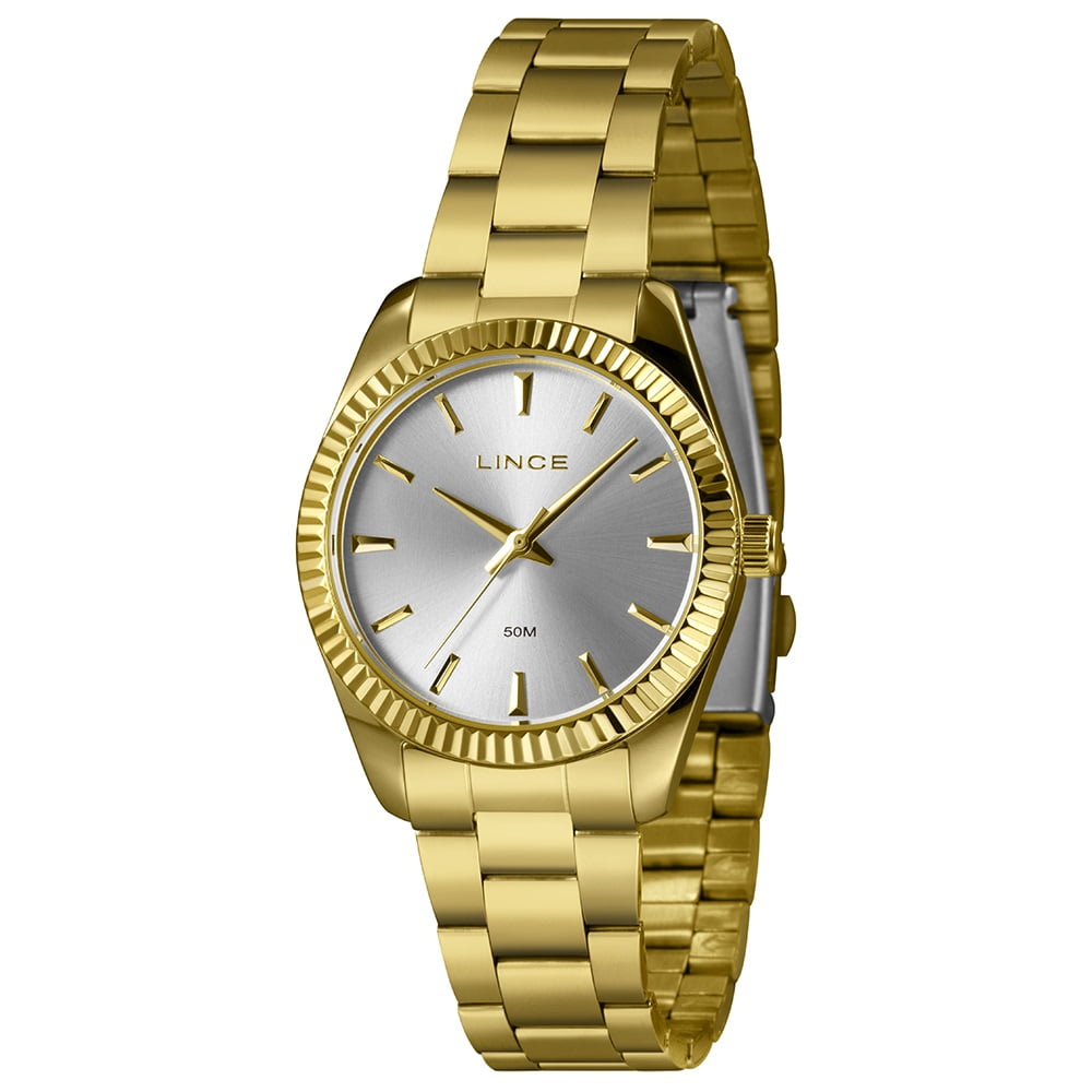 Relógio Lince Feminino Dourado Minimalista com Caixa Serrilhada Visor Prateado Á Prova d'água LRGJ161L36