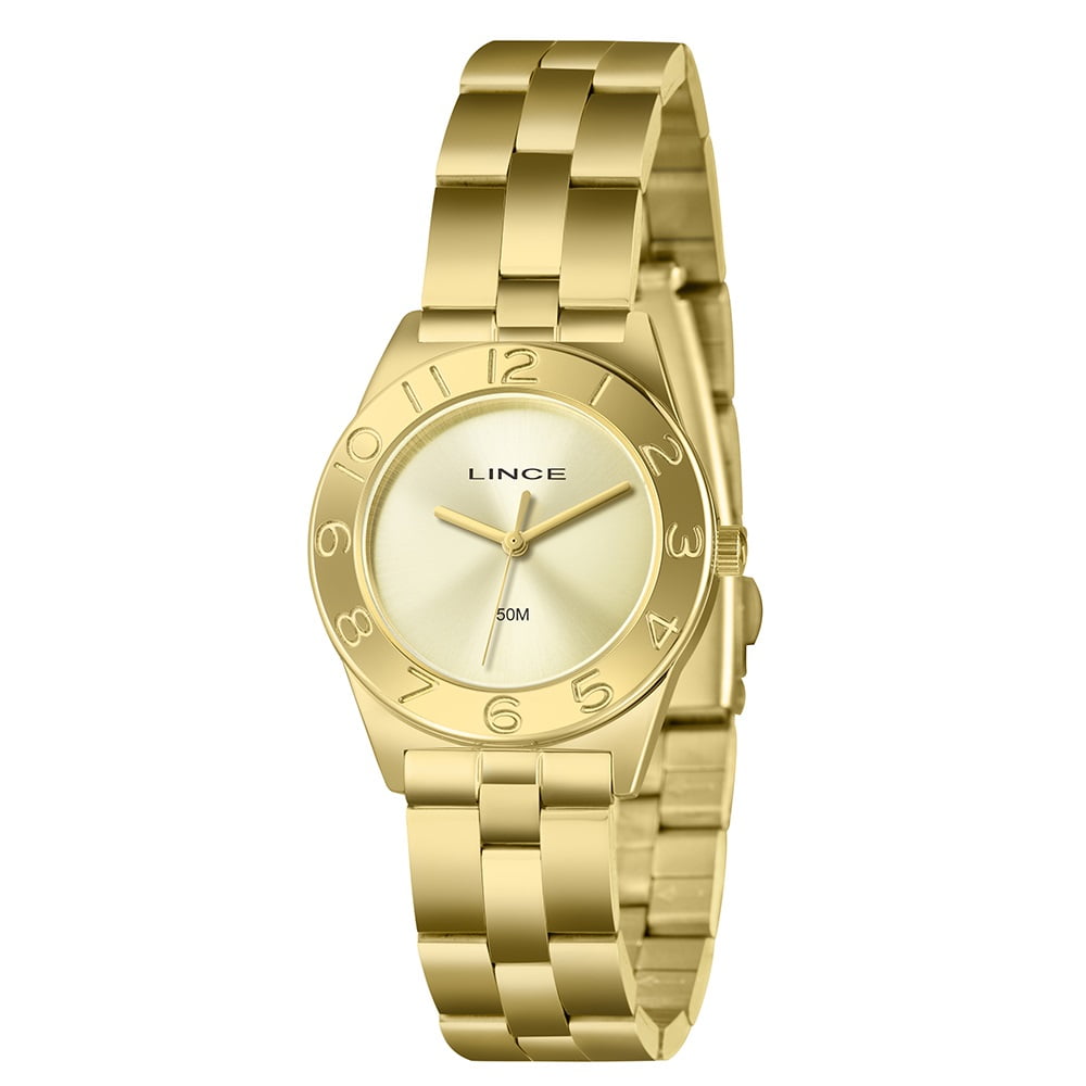 Relógio Lince Feminino Dourado Minimalista com Numeração Completa á Prova d'água LRGH263L32