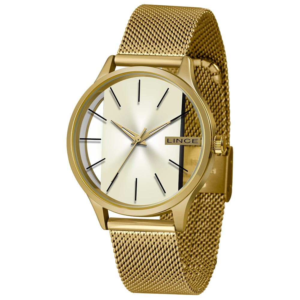 Relógio Lince Feminino Dourado Visor Champanhe Minimalista com Pulseira Milanesa Á Prova d'água LRG624L