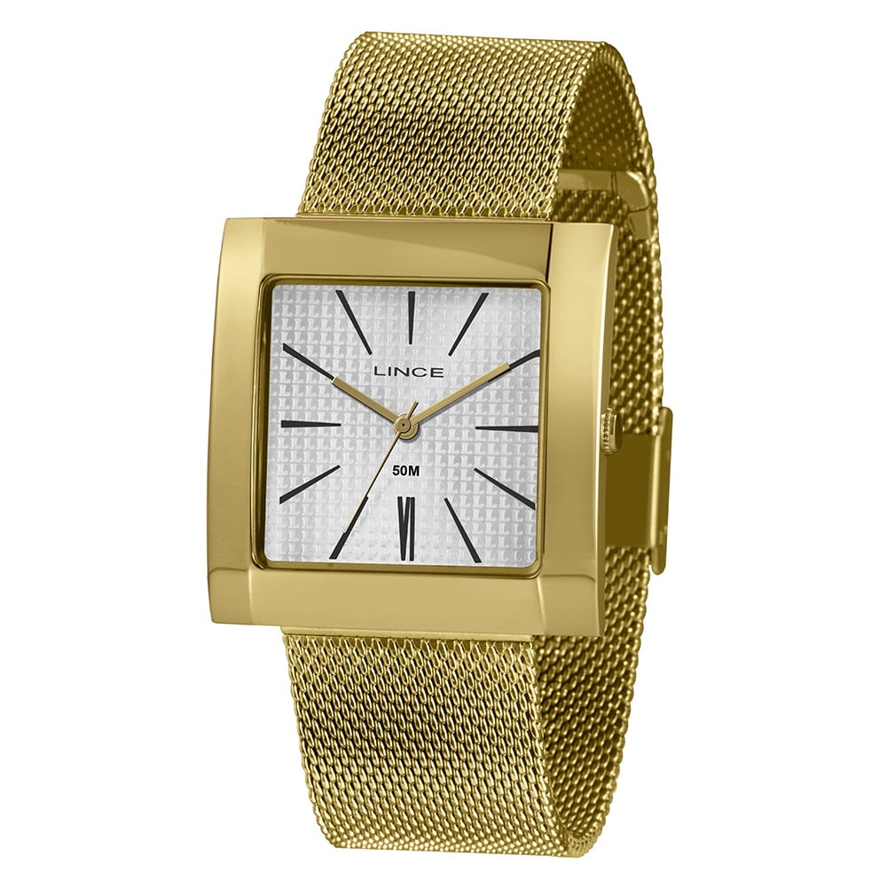 Relógio Lince Feminino Dourado Minimalista Quadrado Visor Branco com Pulseira Milanesa Á Prova d'água LQG4654L