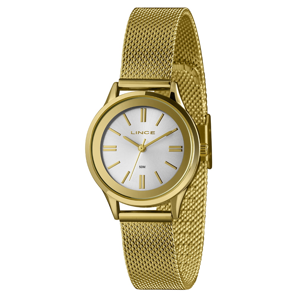 Relógio Lince Feminino Dourado Minimalista Visor Prata com Pulseira Milanesa Pequeno Á Prova d'água LRGH168L30