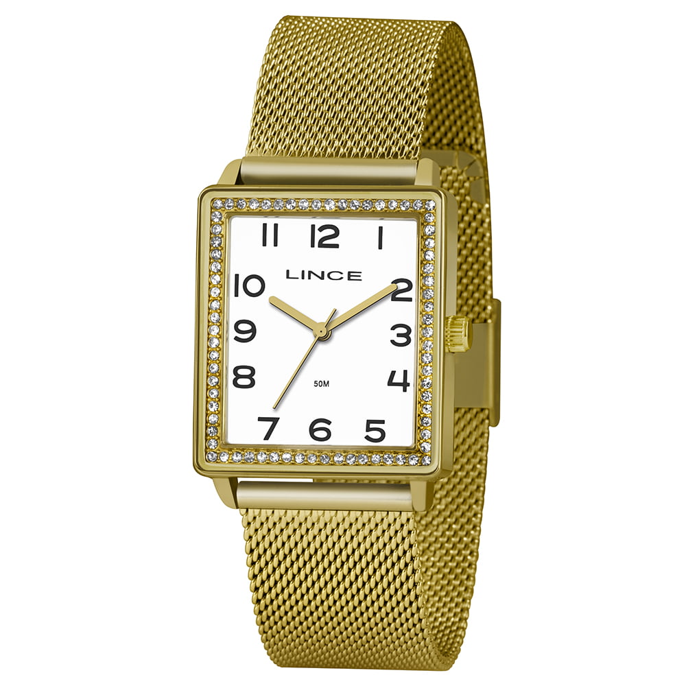 Relógio Lince Feminino Dourado Quadrado Com pulseira milanese LQG4665L