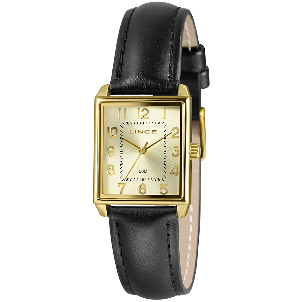 Relógio Lince Feminino Dourado Quadrado Pulseira de Couro Preta com Numeração Completa LQC4823L25