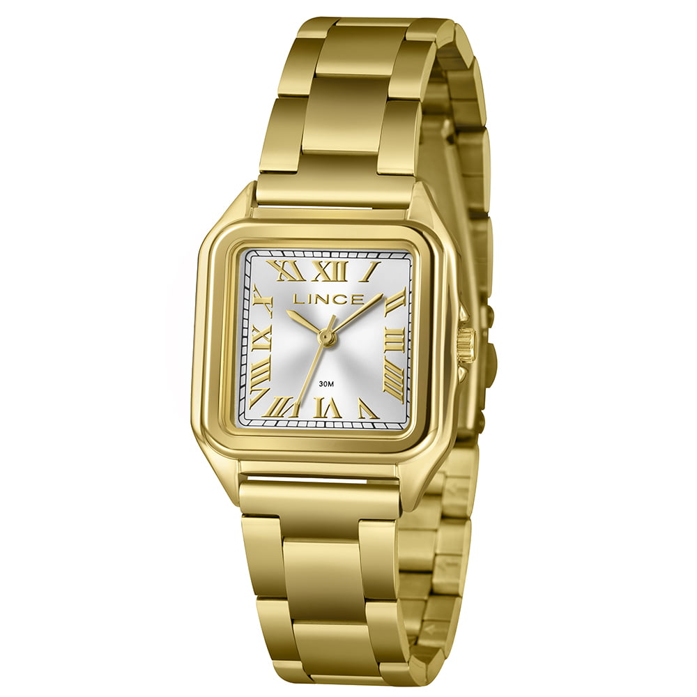 Relógio Lince Feminino Dourado Quadrado Visor Prata Números Romanos LQGM071L30