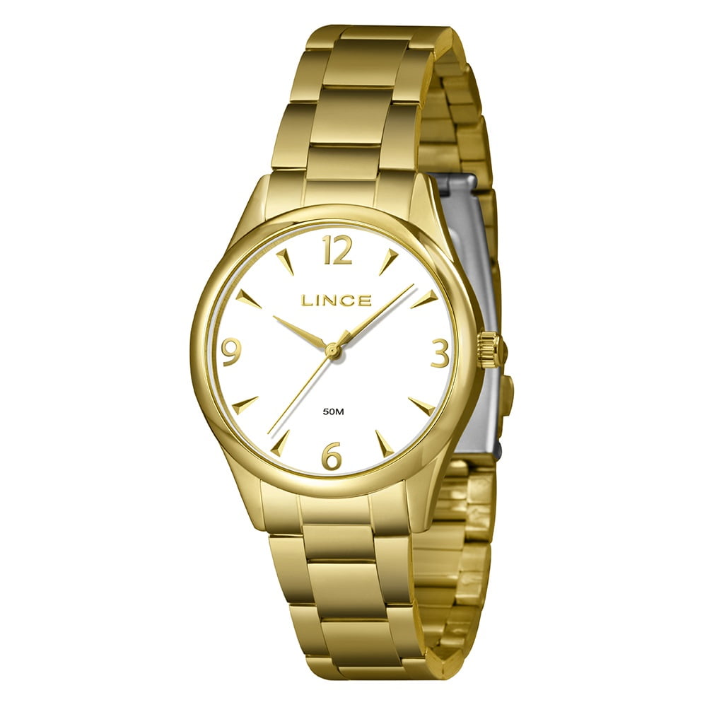 Relógio Lince Feminino Dourado Visor Branco Á Prova D'água LRGJ169L36