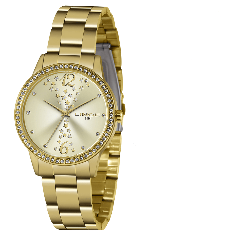 Relógio Lince Feminino Dourado Visor Champanhe com Cristais e Estrelas Á Prova d'água LRGJ133L 