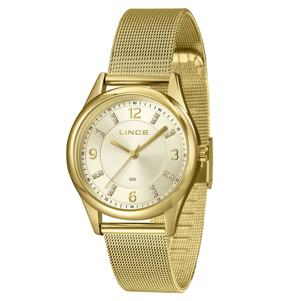 Relógio Lince Feminino Dourado Visor Champanhe Com Cristais Pulseira Milanese Á Prova d'água LRGJ178L36