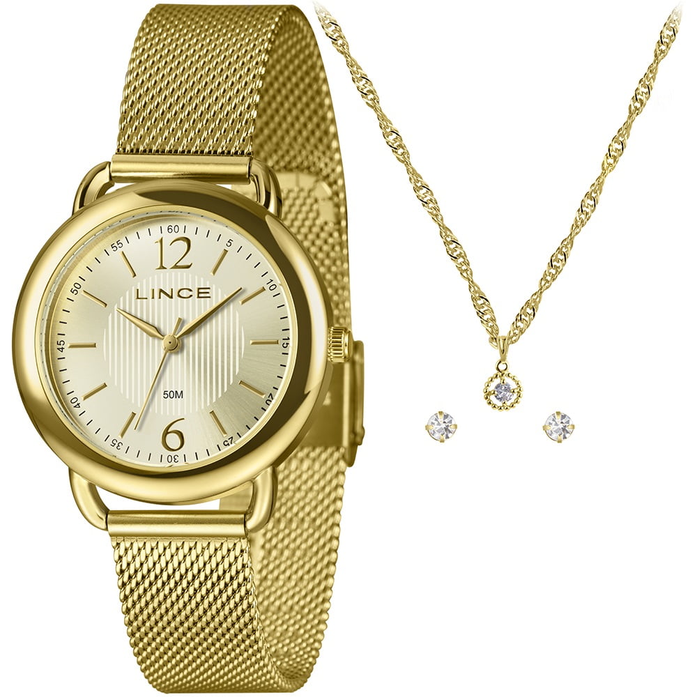 Kit Relógio Lince Feminino Dourado Visor Champanhe com Pulseira Milanesa LRGM020L36