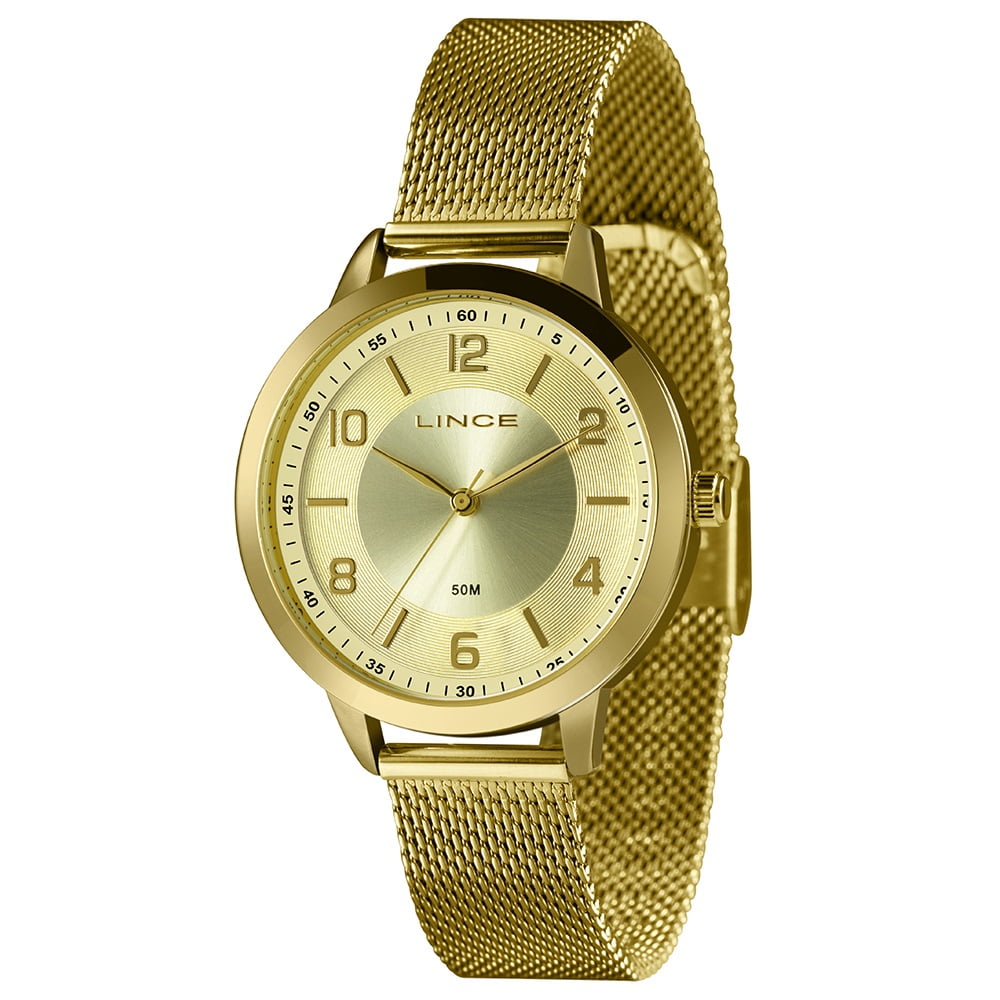Relógio Lince Feminino Dourado Visor Champanhe com Pulseira Milanesa Taquímetro Á Prova d'água LRG4747L38