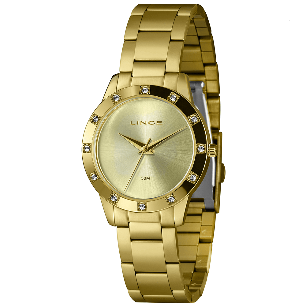Relógio Lince Feminino Dourado Visor Champanhe Minimalista com Cristais Á Prova d'água LRG4735L34