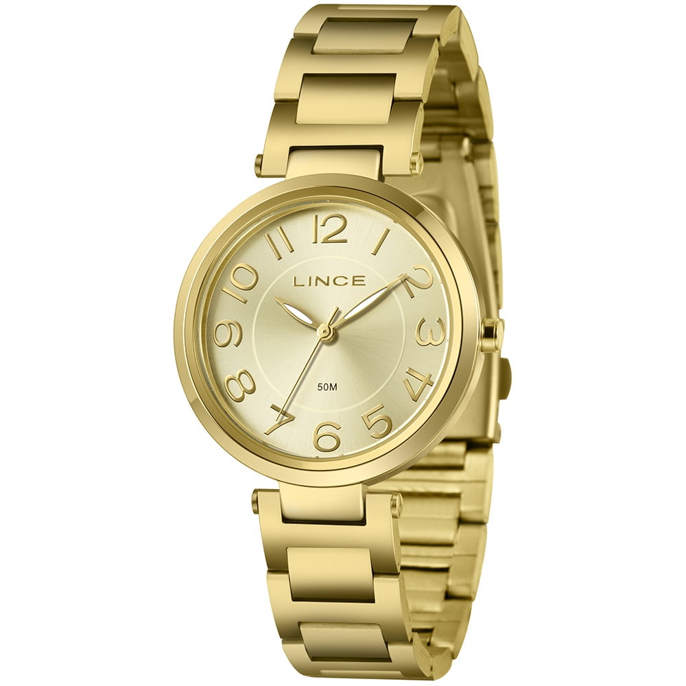 Relógio Lince Feminino Dourado Visor Champanhe Numeração Completa á Prova D'água LRGM031L36