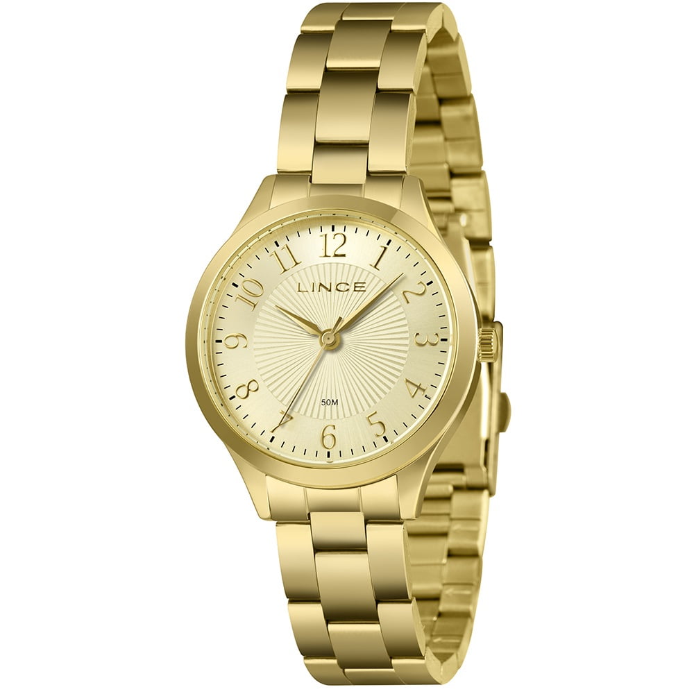 Relógio Lince Feminino Dourado Visor Champanhe Numeração Completa á Prova d'água LRGM034L36