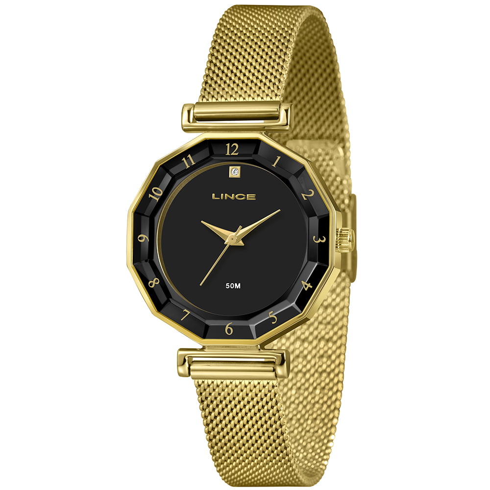 Relógio Lince Feminino Dourado Visor Preto Minimalista com Numeração Completa  Pulseira Milanesa Á Prova d'água LRG4834L34