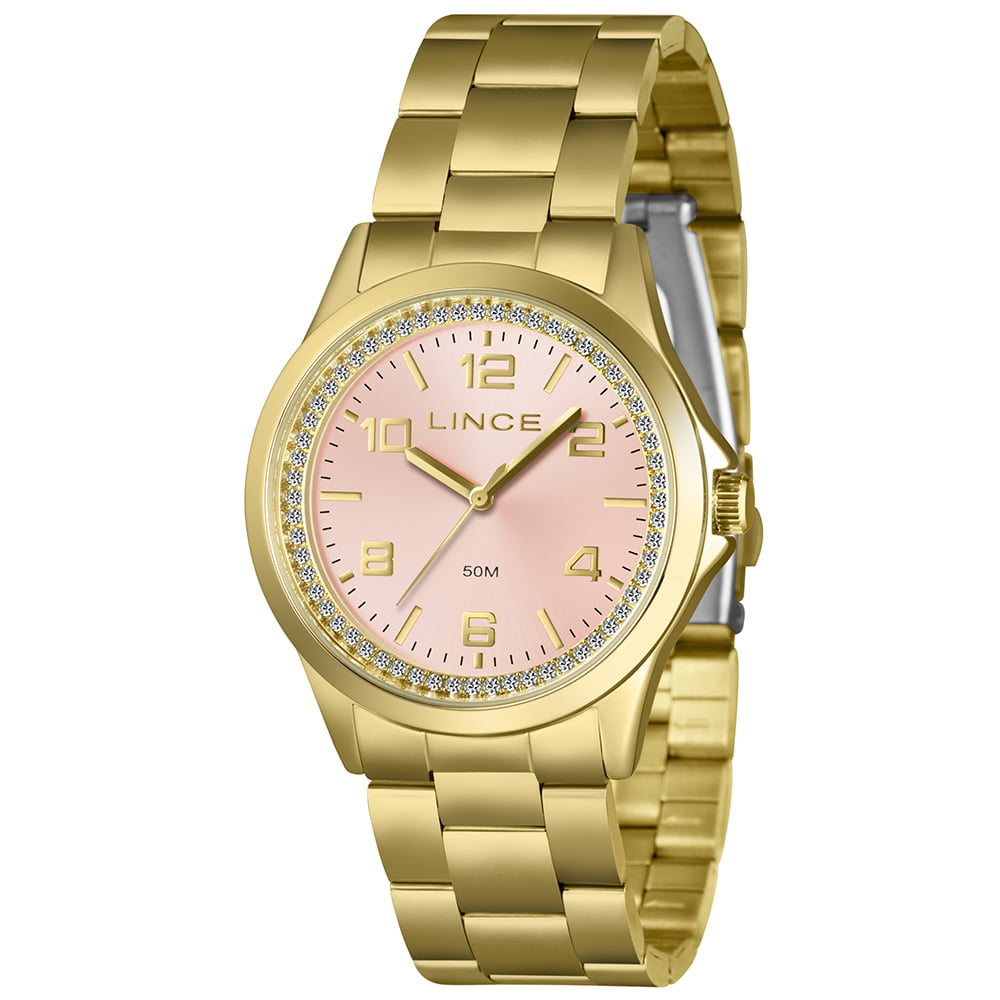 Relógio Lince Feminino Dourado Visor Rosa com Cristais á Prova d'água LRGJ179L38