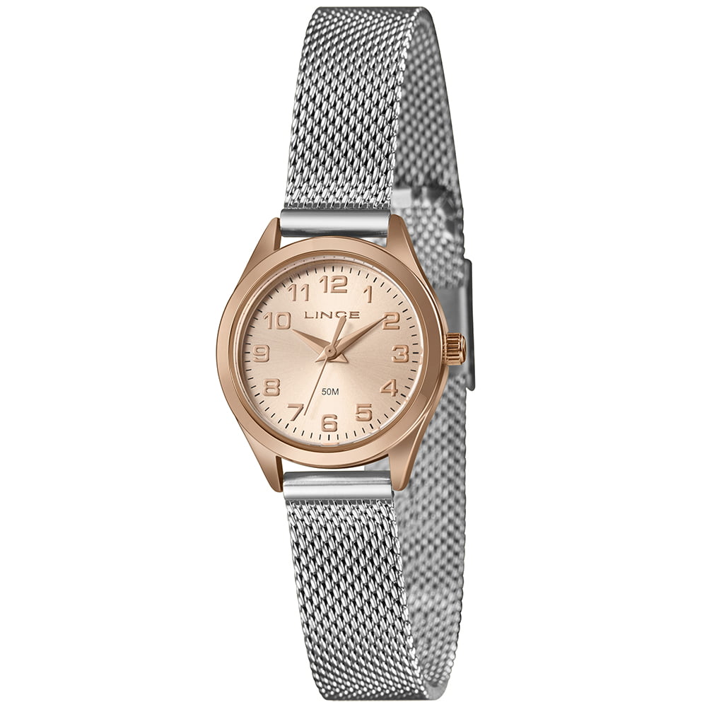Relógio Lince Feminino Mini Bicolor Visor Rosé com Numeração Completa e Pulseira Milanesa á Prova d'água LRTH269L25