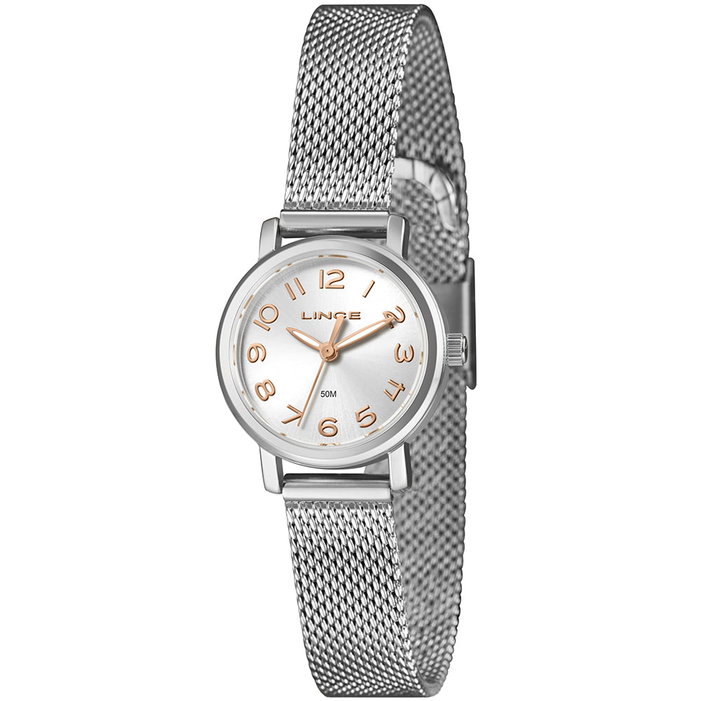 Relógio Lince Feminino Mini Prateado Visor Prata com Numeração Completa Pulseira Milanesa á Prova d'água LRMH272L25