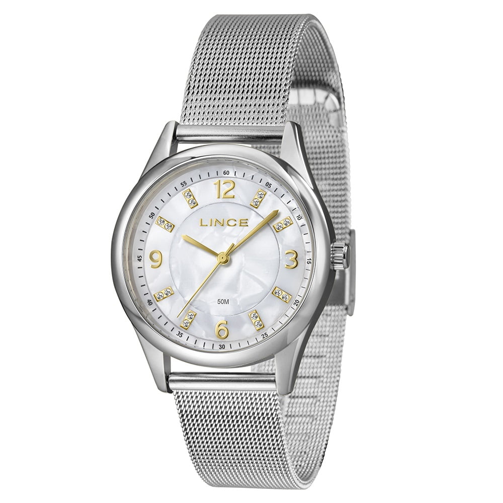 Relógio Lince Feminino Prateado Visor Madrepérola Com Cristais Pulseira Milanesa á Prova D'água LRMJ178L36