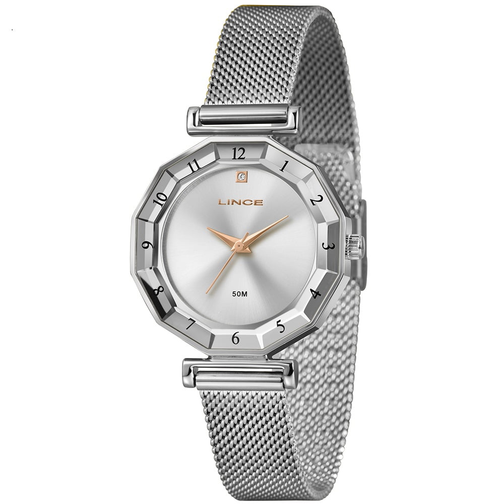 Relógio Lince Feminino Prateado Visor Prata Minimalista Pulseira Milanesa Á Prova d'água LRM4834L34