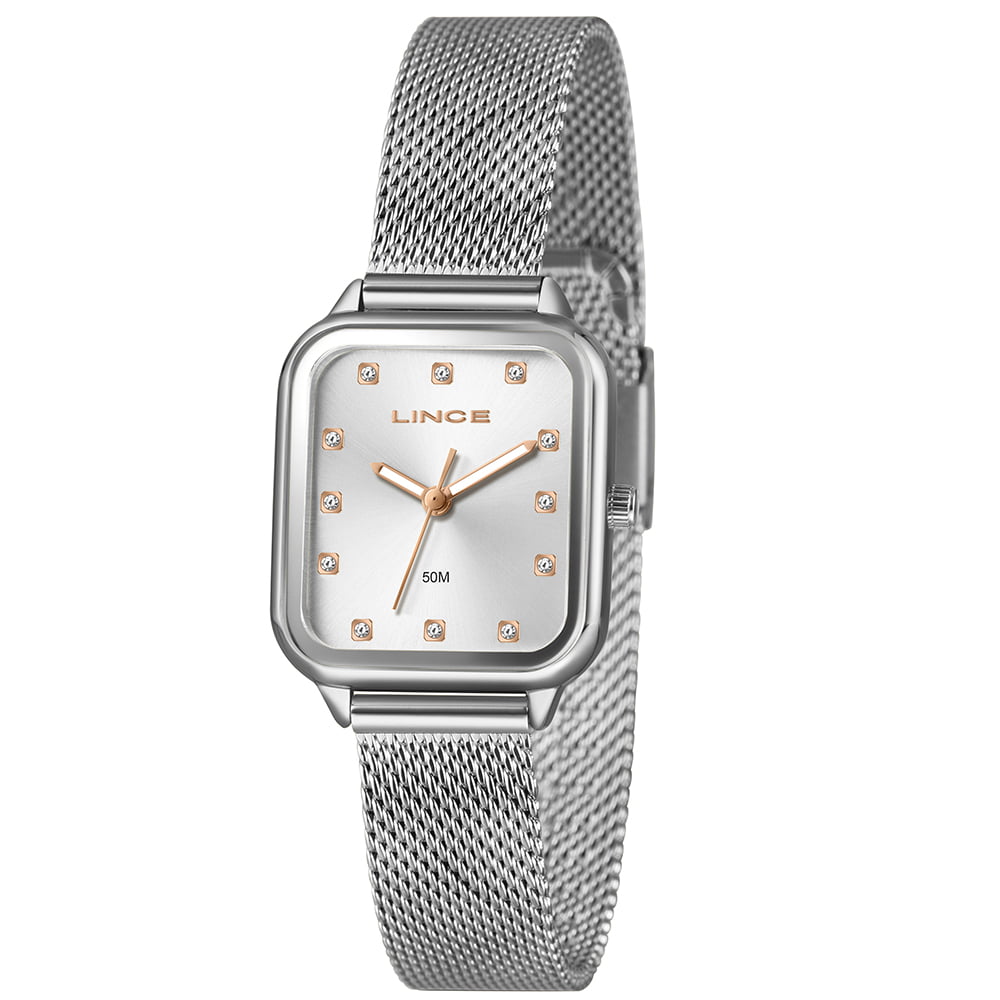 Relógio Lince Feminino Quadrado Prateado Visor Prata com Cristais Pulseira Milanesa LQMH253L26