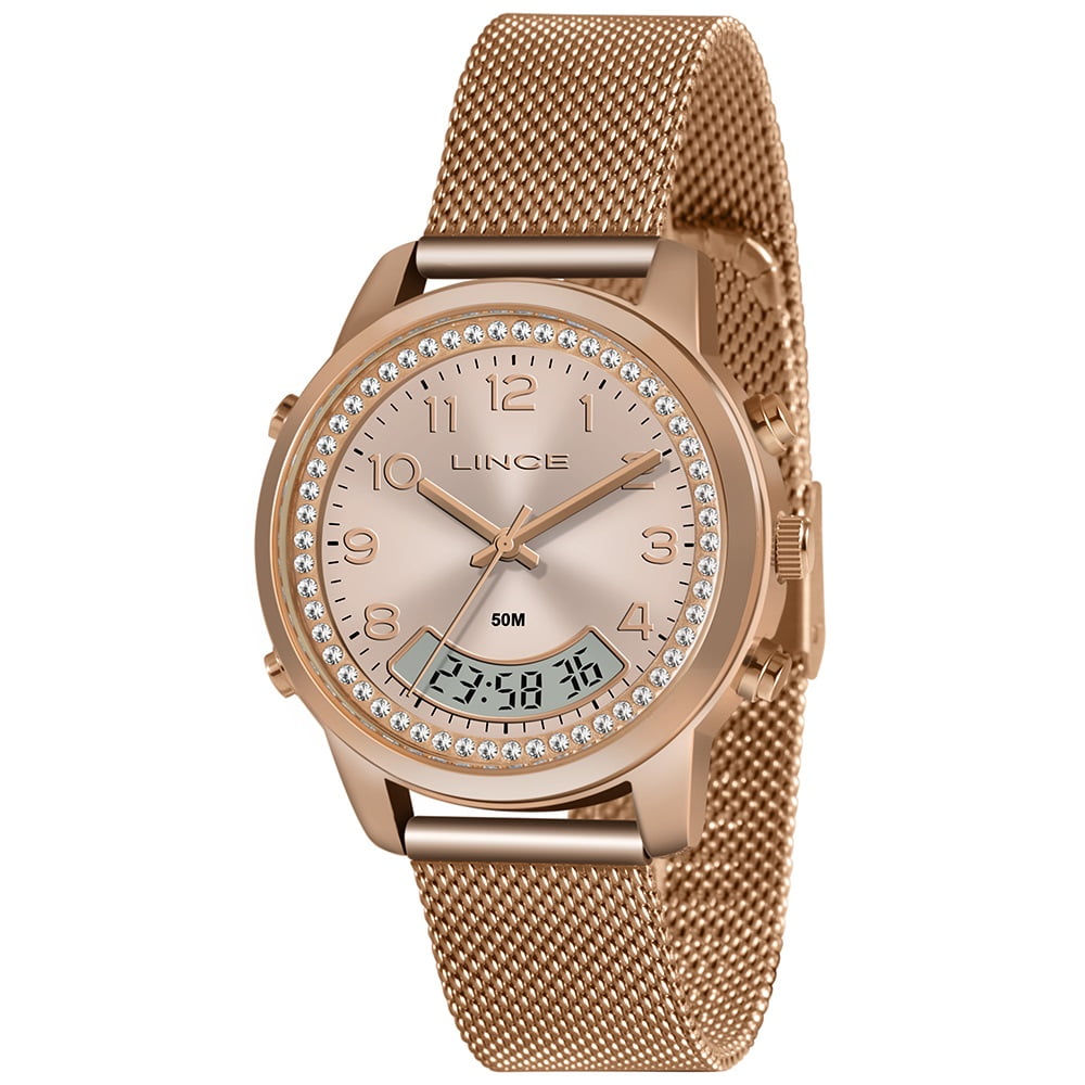 Relógio Lince Feminino Rosé Display Duplo com Cristais e Calendário Pulseira Milanesa a prova d' água LAR4714L