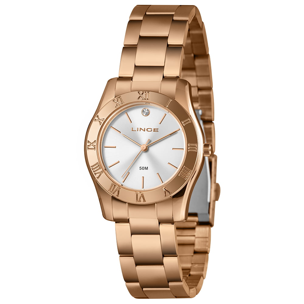 Relógio Lince Feminino Rosé Visor Prata Minimalista com Detalhe de Cristal á Prova D'água LRR4829L36