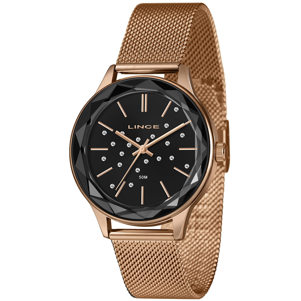 Relógio Lince Feminino Rose Visor Preto com Cristais Vidro Facetado Pulseira Milanesa Á Prova d'água LRR4782L40