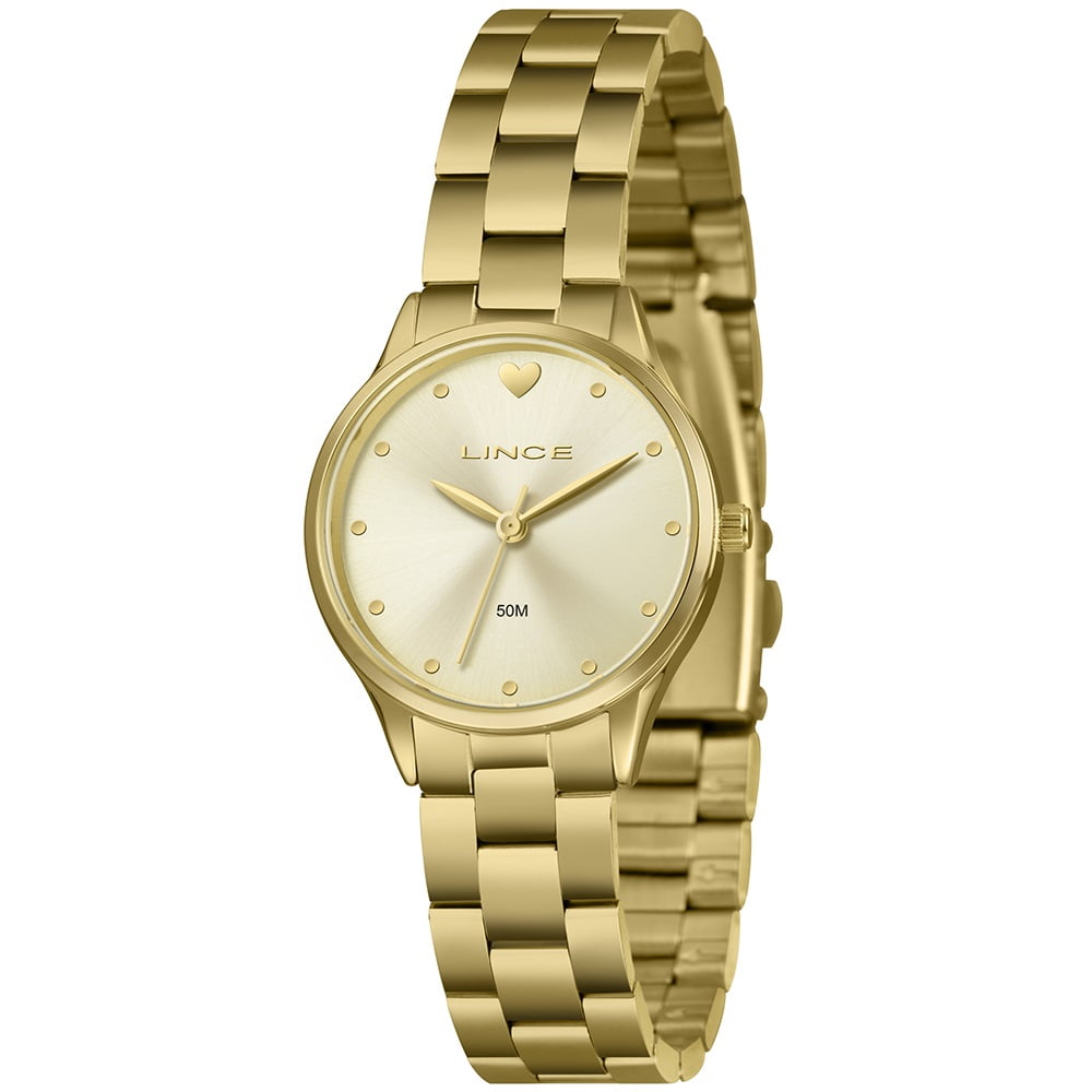 Relógio Lince Funny Feminino Dourado Visor Champanhe Minimalista Com Detalhe De Coração Á Prova d'água LRGH291L30