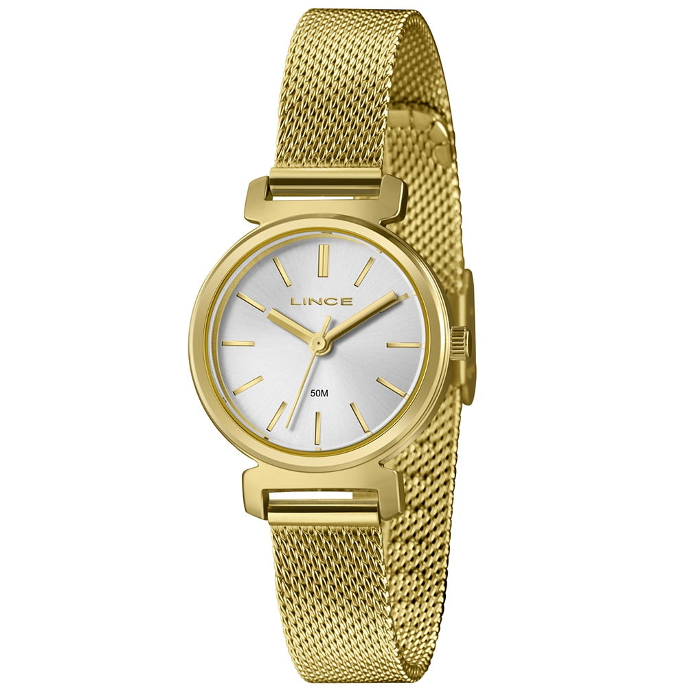 Relógio Lince Mini Feminino Dourado Visor Prata Pulseira Milanesa á Prova d'água LRGH292L28