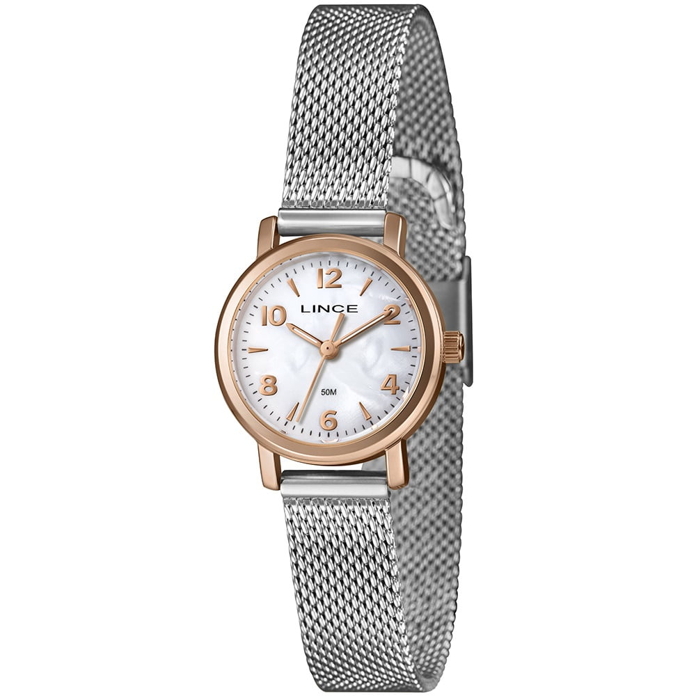 Relógio Lince Mini Feminino Bicolor Visor Madrepérola Pulseira Milanesa Á Prova d'água LRTH270L25