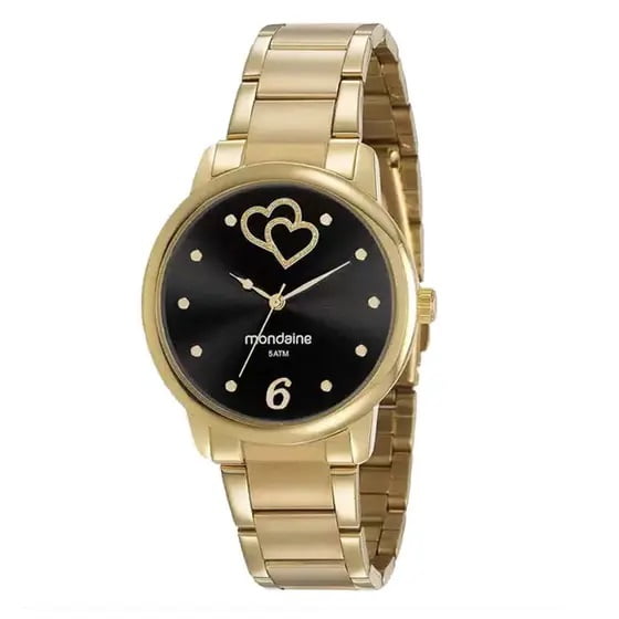 Relógio Mondaine dourado feminino com corações - 53921LPMGDE2