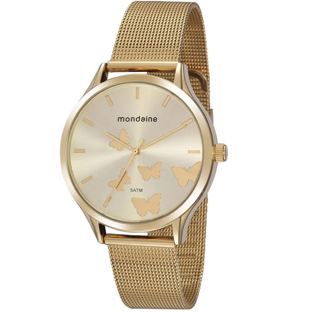 Relógio Mondaine Feminino Dourado Milanesse borboletas 76752LPMVDE1