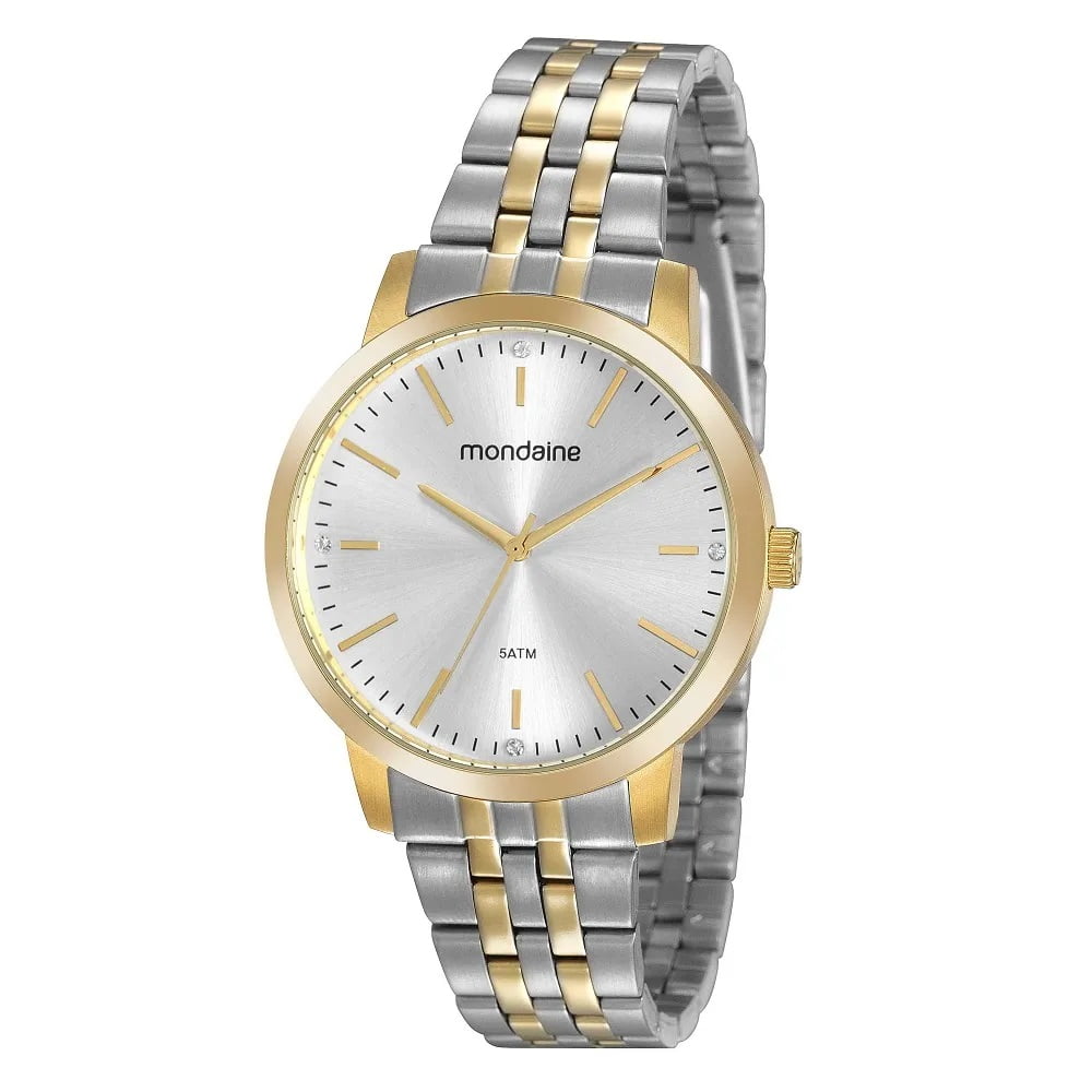 Relógio Mondaine Feminino Bicolor Dourado e Prateado Casual com Cristais e Visor Prateado Á Prova d'água 99484LPMVBA3